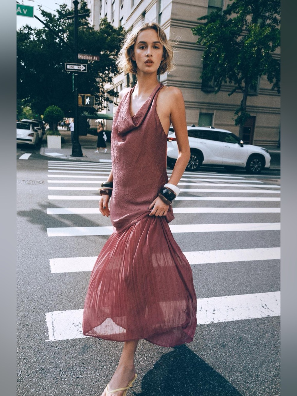 ZARA PLEATED COMBINATION COWL NECK MIDI DRESS. Marsala L NWT